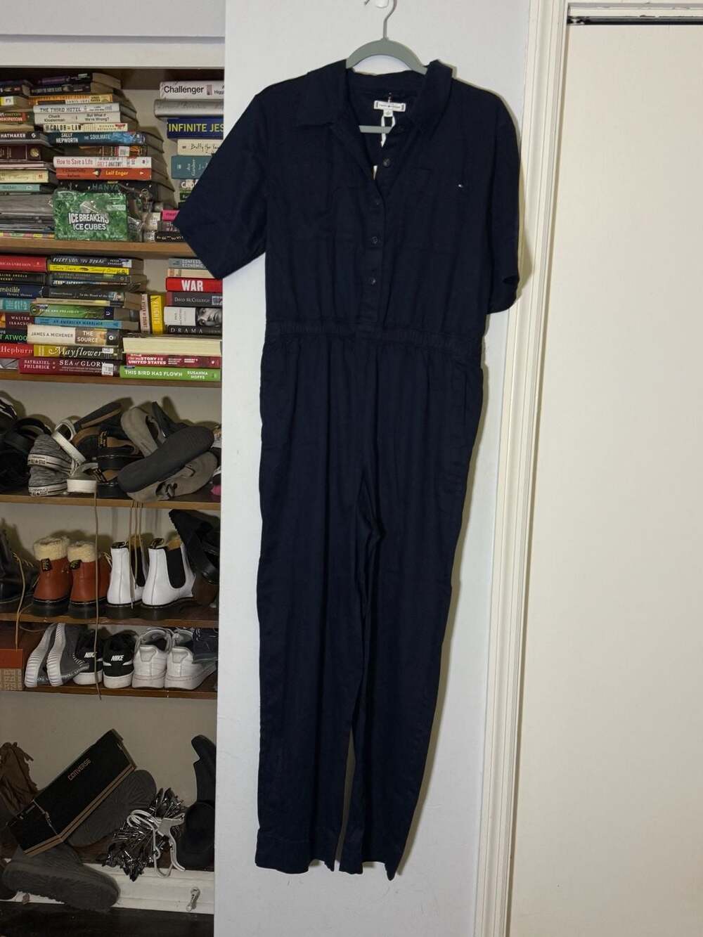 Tommy Hilfiger Utility Jumpsuit Size M Navy Blue Collared Retail $129